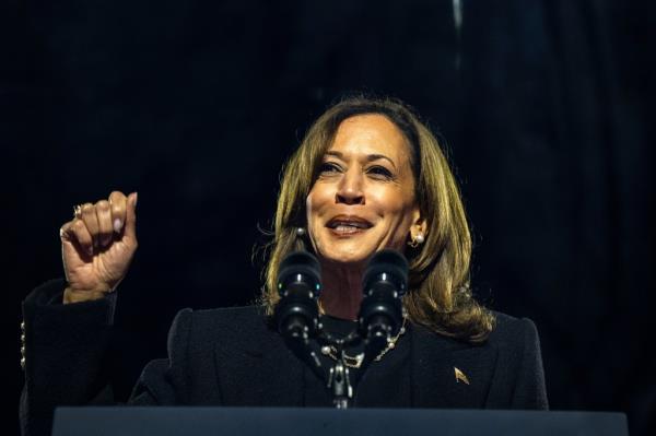 Democratic presidential nominee, U.S. Vice President Kamala Harris speaks during the closing rally of her campaign at the ba<em></em>se of the ico<em></em>nic 