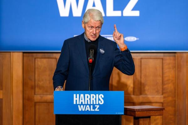 Former President Bill Clinton gives a speech campaigning for Kamala Harris.