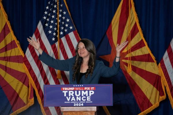 Arizona Republican Party chair Gina Swoboda speaking at a rally for vice presidential nominee JD Vance in Scottsdale, Arizona, November 2024