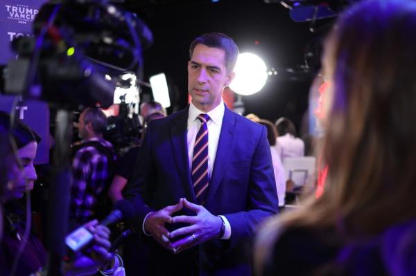 Sen. Tom Cotton (R-AR) speaks to reporters in the spin room after the Vice Presidential debate between J.D. Vance and Tim Walz hosted by CBS News at the CBS Broadcast Center in New York on October 1, 2024. 