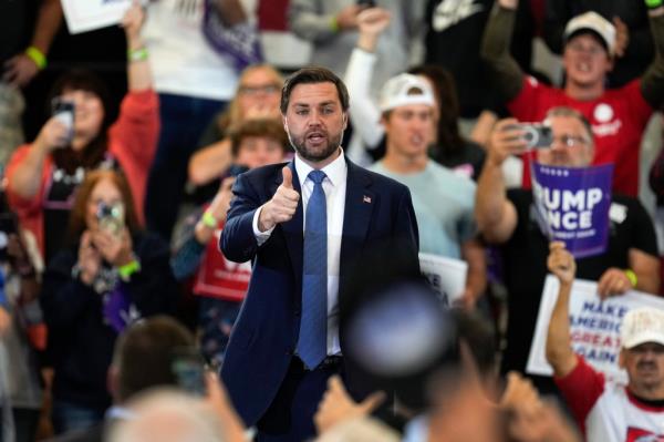 Sen. JD Vance, R-Ohio speaks at Center Courts during a campaign rally Tuesday, Oct. 29, 2024, in Saginaw, Mich.