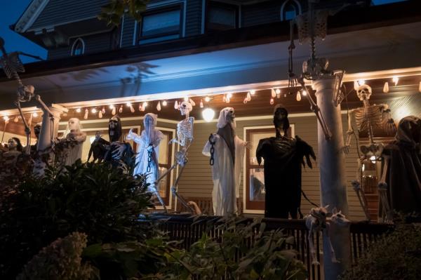 Skeleton decorations at 158 Marlborough Road, Brooklyn. 