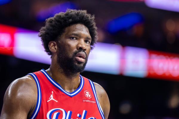 Joel Embiid #21 of the Philadelphia 76ers reacts while on the court in the first half of game 4 of the Eastern Co<em></em>nference first round at the Wells Fargo Center, Sunday, April 28, 2024, in Philadelphia, PA.