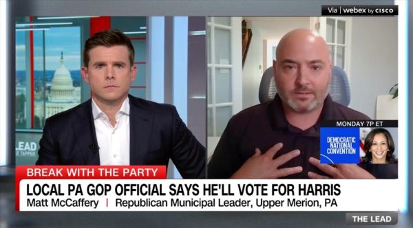 Matthew McCaffery (right) of the Mo<em></em>ntgomery County GOP found his home swatted after crossing party lines to endorse Kamala Harris. 