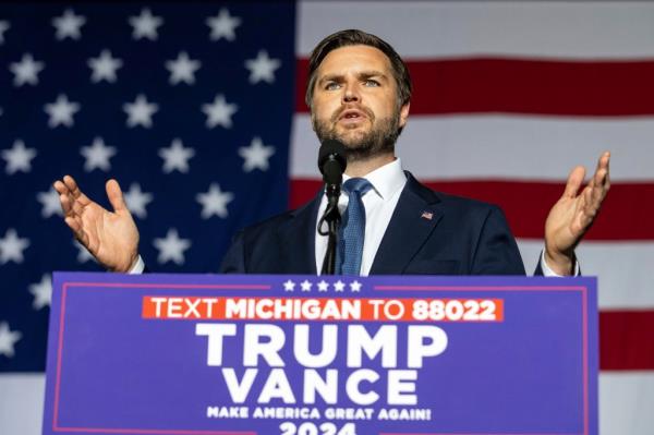 JD Vance speaks at a campaign rally in Holland, Mich. on Oct. 29, 2024.