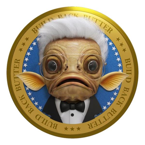 Cartoon character design of 'Biden Bass', a fish with glasses and a bow tie, from the creators of 'Trumpy Trout'