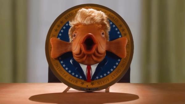 Screen shots from the Trump Trout commercial featuring a fish head on a plate