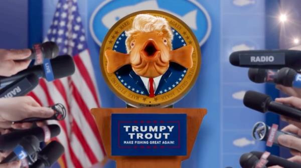 Screenshot from the Trump Trout commercial showing a fish head on a podium