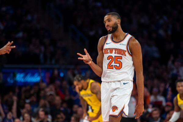 Mikal Bridges reacts during the Knicks' win over the Pacers on Oct. 25, 2024. 