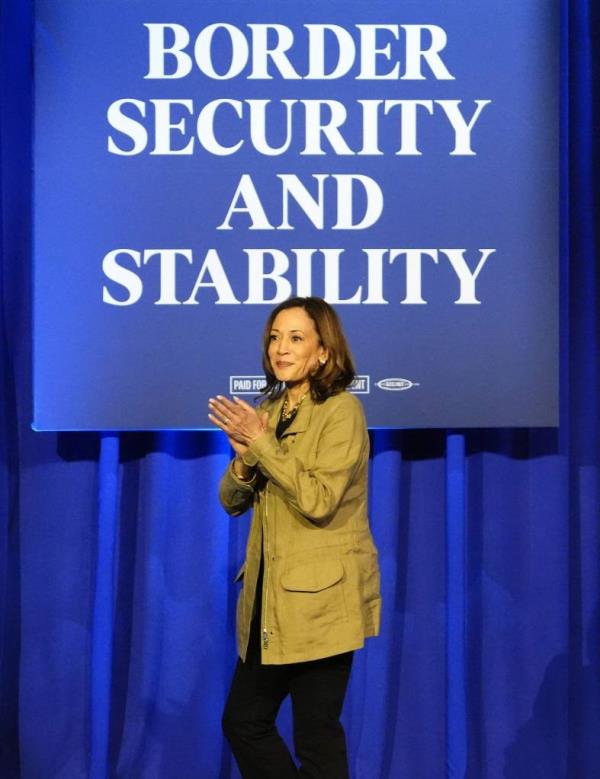 Harris arrives at a campaign event near the US-Mexico border at Cochise College's Douglas Campus on Sept. 27, 2024.