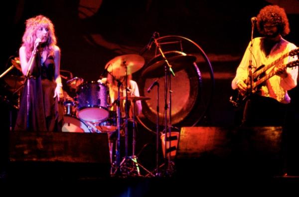 Stevie Nicks and Lindsey Buckingham of Fleetwood Mac perform on stage, New York, 1977.