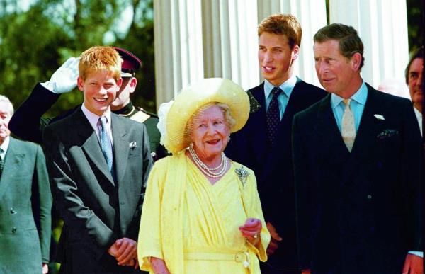 Queen Mother Elizabeth with her great-grandsons Prince Henry and Prince William, and her grandson Prince Charles celebrating her 99th birthday at Clarence House.