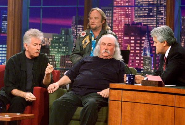 (L-R) are Graham Nash, Stephen Stills, David Crosby and Jay Leno.