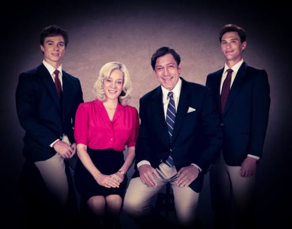 Nicholas Chavez, Chloe Sevigny, Javier Bardem, and Cooper Koch posing as their characters Lyle, Kitty, Jose, and Erik Menendez in the Netflix series, Monsters: The Lyle And Erik Menendez Story.