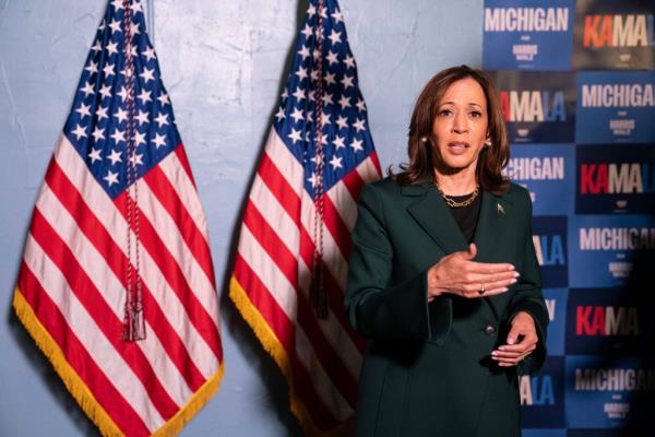 Democratic presidential nominee, Vice President Kamala Harris answers questions from the press before a town hall with former U.S. Rep. Liz Cheney (R-WY) at the Royal Oak Music Theatre on October 21, 2024 in Royal Oak, Michigan, United States.