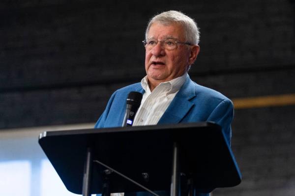 Referendum advocate Paul Logli, a former Winnebago County state's attorney, speaks in support of renewing a 0.5 percentage point mental health sales tax on Monday, Oct. 21, 2024, at the Prairie Street Brewhouse in downtown Rockford.