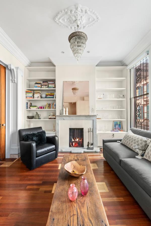 Perks inside include built-in shelves and fireplaces.