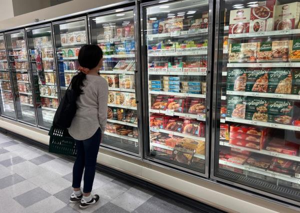Customer shops in frozen aisle at grocery store.