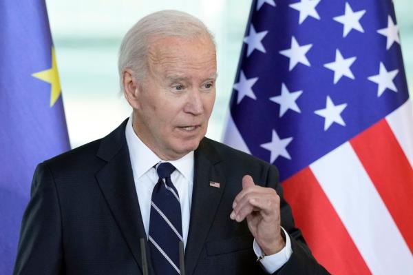 President Joe Biden talking to the press alo<em></em>ngside German Chancellor Olaf Scholz at the Chancellery in Berlin, Germany on Oct. 18, 2024