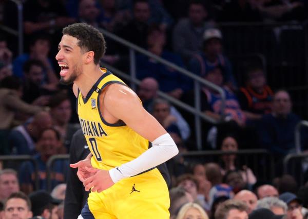 Tyrese Haliburton celebrates during Game 7 of the Eastern Co<em></em>nference semifinals on May 19, 2024. 