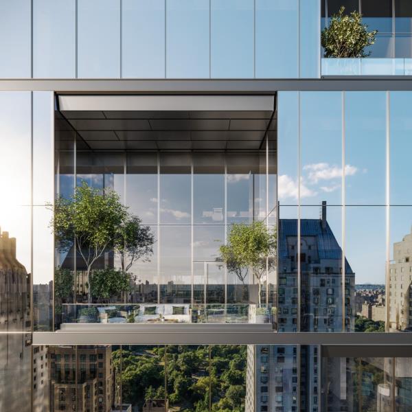 Renderings of a glass building located at 125 W. 57th St with trees inside it
