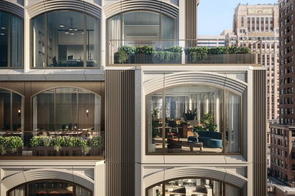 Luxurious office inside the 1,000-foot tower of 520 Fifth Avenue with multiple windows.