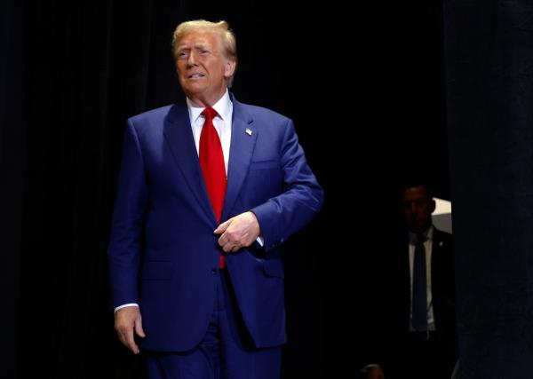 Republican presidential nominee, former U.S. President Do<em></em>nald Trump arrives for a roundtable with faith leaders at Christ Chapel on October 23, 2024 in Zebulon, Georgia.