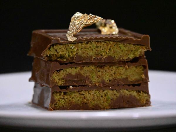 Pieces of Dubai chocolate with gold leaf at Abu Khaled Sweets oriental pastry shop in Berlin's Wedding district .