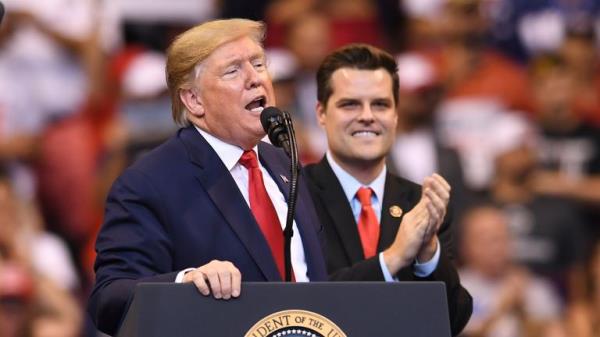 Do<em></em>nald Trump and Matt Gaetz at a rally