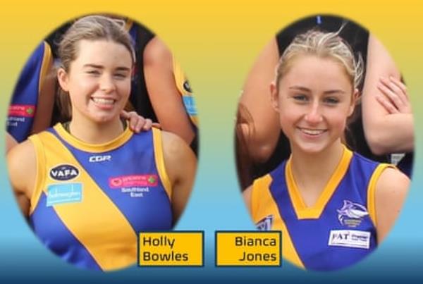 Holly Bowles (left) and Bianca Jo<em></em>nes in their Beaumaris Football Club uniforms.