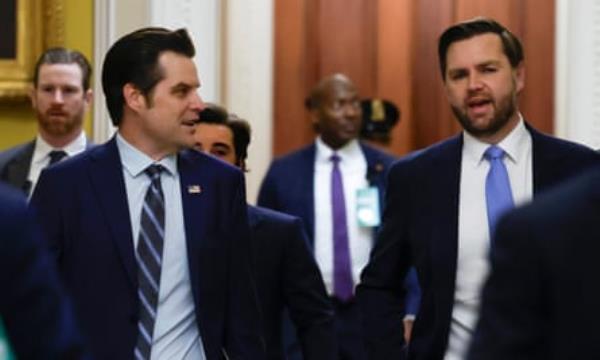 Vice President-Elect JD Vance On Capitol Hill For Lawmaker Meetings With Former Florida Rep. Matt Gaetz And Defense Secretary Nominee Pete HegsethWASHINGTON, DC - NOVEMBER 20: Former U.S. Rep. Matt Gaetz (R-FL) (L), President-elect Do<em></em>nald Trump’s nominee to be Attorney General, walks with Vice President-elect JD Vance as they arrive for meetings with Senators at the U.S. Capitol on November 20, 2024 in Washington, DC. Gaetz is meeting with Senators as his nomination for Attorney General is under fire following a House Ethics Committee report that is expected to detail allegations of sexual misconduct. (Photo by Kevin Dietsch/Getty Images)