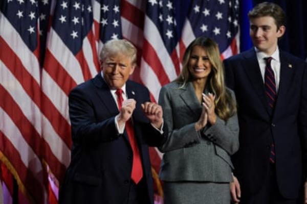 Trump with his wife Melania and son Barron on election night.