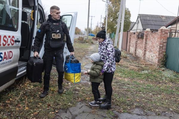 KOSTIANTYNIVKA, UKRAINE - NOVEMBER 14: A mother and child are evacuated by the Vostok SOS organisation from Kostiantynivka to safer areas in Ukraine on November 14, 2024.