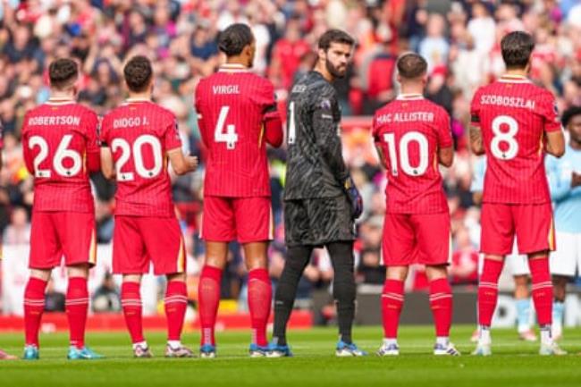 Alisson of Liverpool turns around during the line-ups before the Premier League match between Liverpool and Nottingham Forest in September.