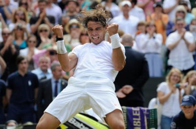 Rafael Nadal celebrates after defeating Tomas Berdych to win the 2010 Wimbledon final.
