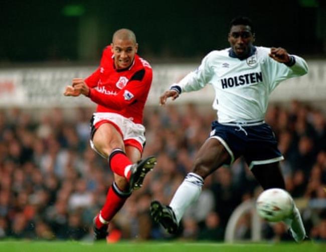 Stan Collymore fires a shot past Sol Campbell during Nottingham Forest’s 4-1 win at Tottenham in September 1994.