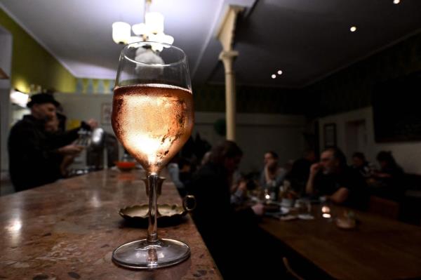 A glass of alcohol-free wine is pictured in a bar in Frankfurt.