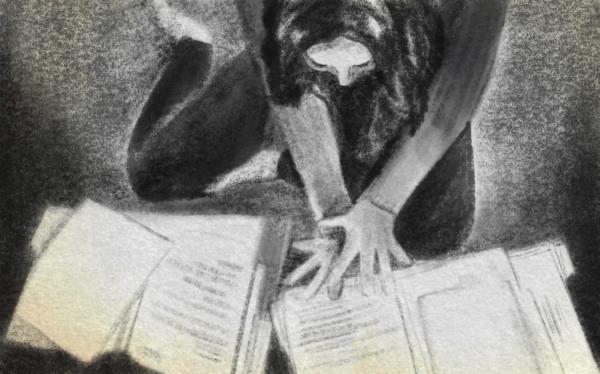 Charcoal sketch of woman looking at many docu<em></em>ments