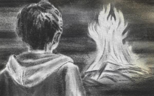 Charcoal sketch of a boy watching a large fire