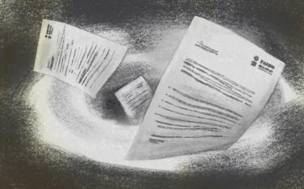 Charcoal sketch of papers flying in air