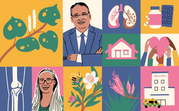 Stylised illustrations of Shane Reti and Hūhana Lyndon along with medicinal herbs, x-ray, medicines, marae, hospital and hands on a heart.