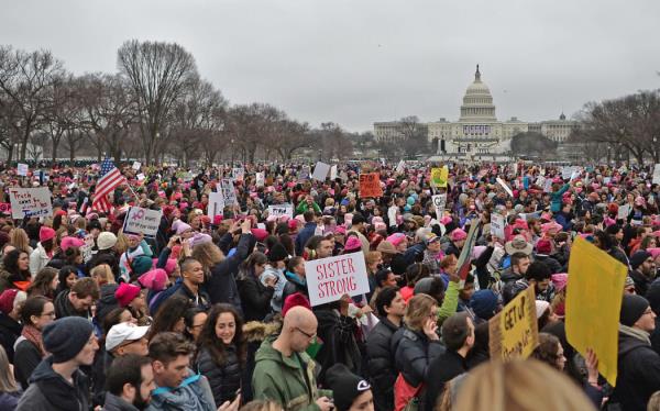 Protesters supporting women's rights gathered at the Natio<em></em>nal Mall in Washington DC the day after President Do<em></em>nald Trump's inauguration.