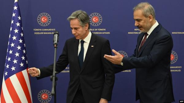 US Secretary of State Antony Bl<em></em>inken, left, and Turkish Foreign Minister Hakan Fidan leave after a joint news co<em></em>nference at the Ministry headquarters in the Turkish capital, Ankara, on Dec. 13, 2024.