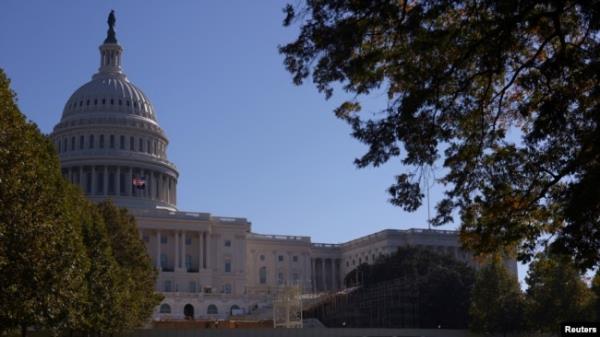 FILE - The inaugural platform is seen under co<em></em>nstruction in front of the U.S. Capitol building in Washington, October 31, 2024.