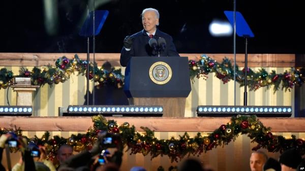 President Joe Biden speaks during a ceremony to light the Natio<em></em>nal Christmas Tree on the Ellipse near the White House in Washington, Dec. 5, 2024.