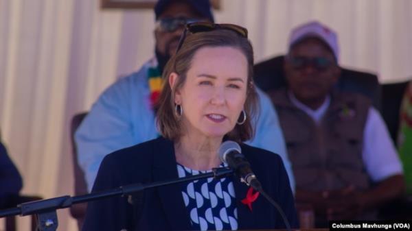 Pamela Tremont, the U.S. ambassador to Zimbabwe, who was one of the delegates to this year’s World AIDS Day, speaks in Rusape district on Dec. 1, 2024.