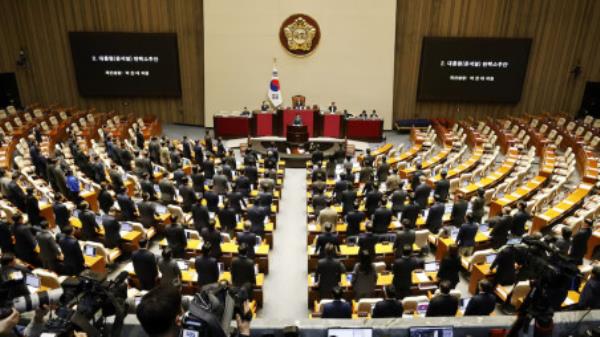 General view of lawmakers in the voting chamber during the plenary session for the impeachment vote of President Yoon Suk Yeol at the Natio<em></em>nal Assembly in Seoul, South Korea, 07 December 2024. JEON HEON-KYUN/Pool via REUTERS