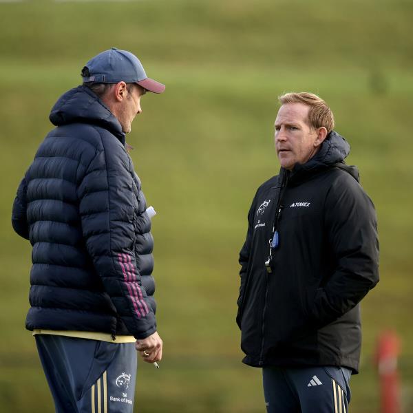 Munster forwards coach Co<em></em>nsultant Alex Colding with attack coach Mike Prendergast. Pic: Ben Brady/Inpho