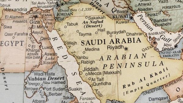 A close-up/macro photograph of Middle East from a desktop globe. Adobe RGB color profile.
