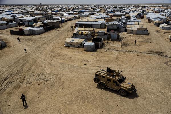Kurdish forces patrol al-Hol camp, which houses families of members of the Islamic State group in Hasakeh province, Syria, on April 19, 2023. Picture: AP Photo/Baderkhan Ahmad, File)